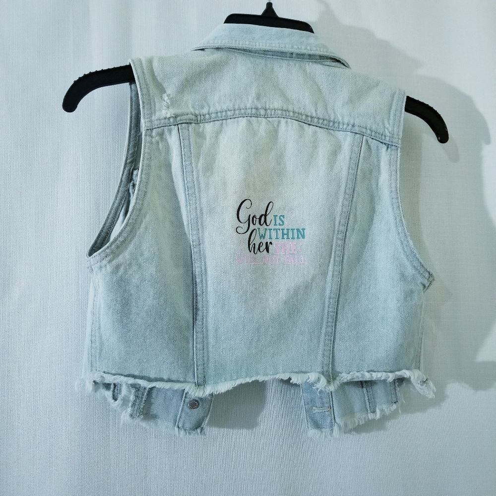 Upcycled denim vest, Share your Faith